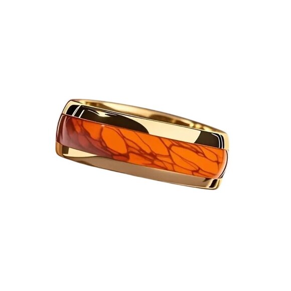 Tungsten Steel Men's Fashion Ring High Polished Orange Marble & gold plated rims - Picture 3 of 5
